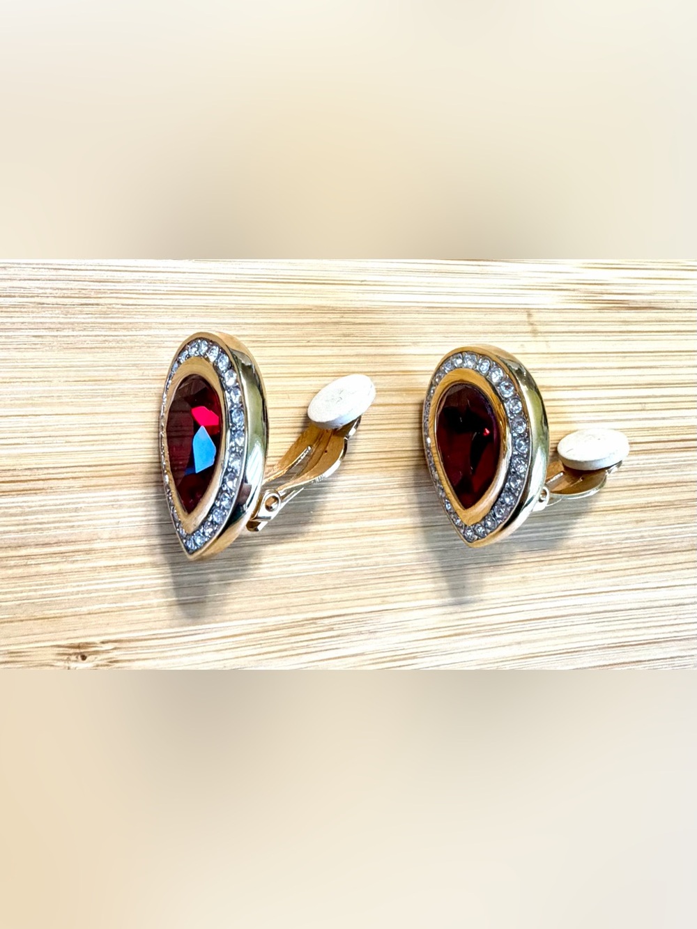 Vintage Swarovski SAL Gold-Tone Red Teardrop & Pave Crystal Clip On Earrings - Picture 7 of 8